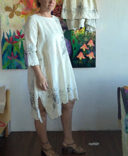 Load image into Gallery viewer, Close-up of floral and geometric detailing on front of straight-cut tablecloth dress