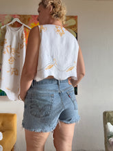 Load image into Gallery viewer, Antique Linen Tablecloth Crop Top — Gold Cross-Stitch