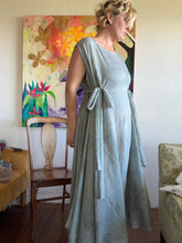 Load image into Gallery viewer, Celadon Mist Circle Tie Dress — Hand-Dyed Cupro with Sparkle Pinstripe, One Size