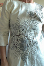 Load image into Gallery viewer, Side view of bias-cut vintage tablecloth dress with three-quarter sleeve