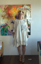 Load image into Gallery viewer, Full front view of straight-cut vintage tablecloth dress with gray floral motifs