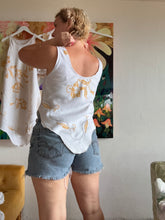 Load image into Gallery viewer, Vintage Linen Tablecloth Bias Cut Tank Top — Gold Cross-Stitch