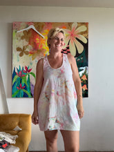 Load image into Gallery viewer, Front view of hand ice-dyed bamboo/rayon tank dress in soft lavender and pink tones