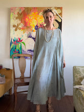 Load image into Gallery viewer, Celadon Mist Circle Tie Dress — Hand-Dyed Cupro with Sparkle Pinstripe, One Size
