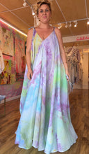 Load image into Gallery viewer, Close-up of adjustable tie strap and neckline detail on hand-dyed cupro maxi dress