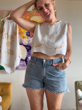 Load image into Gallery viewer, Antique Linen Tablecloth Crop Top — Gold Cross-Stitch