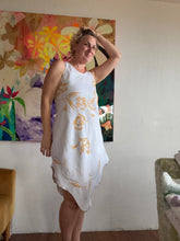 Load image into Gallery viewer, Vintage Linen Tablecloth Bias Cut Dress — Gold Cross-Stitch