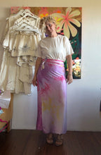Load image into Gallery viewer, Front view of the long lavender and pink hand-dyed cupro wrap skirt