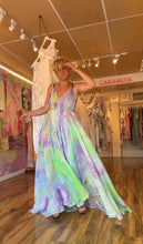 Load image into Gallery viewer, Model with arms raised showing drape and movement of hand-dyed cupro maxi dress