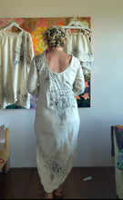 Load image into Gallery viewer, Close front view showing floral and geometric detailing on vintage tablecloth dress