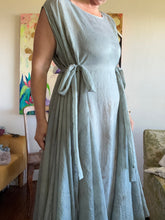 Load image into Gallery viewer, Celadon Mist Circle Tie Dress — Hand-Dyed Cupro with Sparkle Pinstripe, One Size