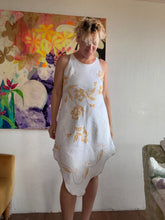 Load image into Gallery viewer, Antique linen crop top with gold cross-stitch embroidery, front close-up