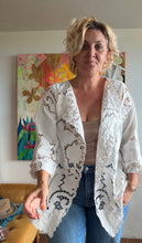 Load image into Gallery viewer, Vintage Tablecloth Jacket — Embroidered Linen with Cutwork
