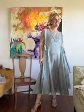 Load image into Gallery viewer, Celadon Mist Circle Tie Dress — Hand-Dyed Cupro with Sparkle Pinstripe, One Size