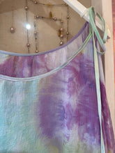 Load image into Gallery viewer, Model wearing hand-dyed cupro maxi dress in lavender, sage, and sky blue, full length front view