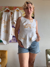 Load image into Gallery viewer, Antique linen bias cut dress with gold cross-stitch embroidery, full length view