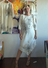 Load image into Gallery viewer, Back view of vintage tablecloth dress showing low scoop back and floral motif