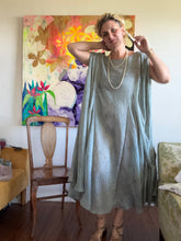 Load image into Gallery viewer, Celadon Mist Circle Tie Dress — Hand-Dyed Cupro with Sparkle Pinstripe, One Size