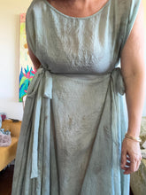 Load image into Gallery viewer, Celadon Mist Circle Tie Dress — Hand-Dyed Cupro with Sparkle Pinstripe, One Size