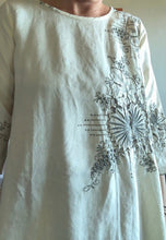 Load image into Gallery viewer, Back view of straight-cut vintage tablecloth dress with floral motif and scalloped hem