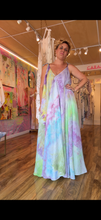 Load image into Gallery viewer, Model twirling in hand-dyed cupro maxi dress showing full sweep of fabric