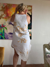 Load image into Gallery viewer, Vintage Linen Tablecloth Bias Cut Dress — Gold Cross-Stitch