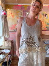 Load image into Gallery viewer, Front view of vintage linen tank top with silk embroidery and crochet hem