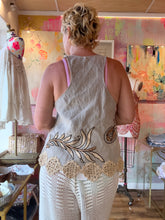 Load image into Gallery viewer, Back view of vintage linen tank top with silk embroidery