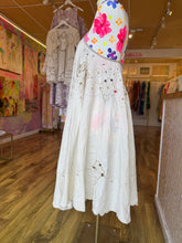 Load image into Gallery viewer, Side view showing full skirt of vintage linen cutwork embroidery dress