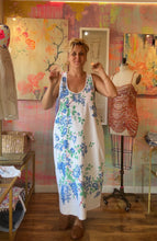 Load image into Gallery viewer, Front view showing full length of vintage lilac floral tablecloth maxi tank dress