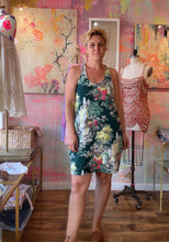 Load image into Gallery viewer, Front view of vintage bark cloth mini dress in dark teal toile