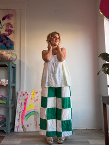 green and white check quit pants