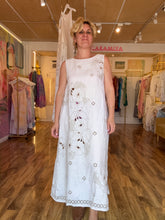 Load image into Gallery viewer, Front view — vintage linen embroidery and cutwork tablecloth dress, full length