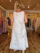 Load image into Gallery viewer, Side view — flowing linen dress with floral embroidery and cutwork detail