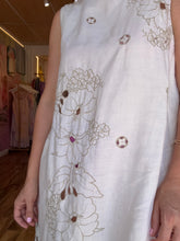 Load image into Gallery viewer, Back view — vintage linen embroidery dress with embroidered border hem