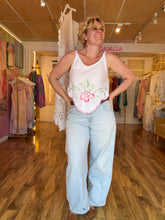 Load image into Gallery viewer, Model smiling in vintage linen embroidered tank showing full front