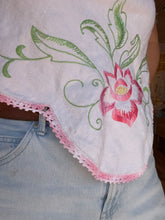 Load image into Gallery viewer, Front view of vintage linen bias cut tank with hand embroidered lotus blossom