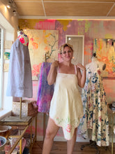 Load image into Gallery viewer, Full length front view of vintage linen embroidered dress