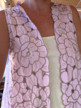 Load image into Gallery viewer, Close-up detail of large floral cutwork embroidery on dusty pink linen duster