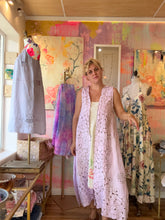 Load image into Gallery viewer, Model wearing open-front dusty pink cutwork linen duster, full length front view