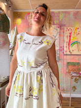 Load image into Gallery viewer, Boxy tank dress with cross stitched yellow and brown flowers 250911