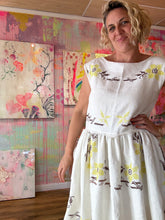 Load image into Gallery viewer, Boxy tank dress with cross stitched yellow and brown flowers 250911