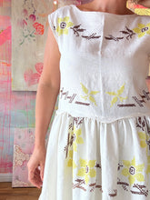 Load image into Gallery viewer, Boxy tank dress with cross stitched yellow and brown flowers 250911