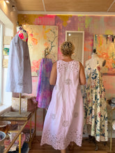 Load image into Gallery viewer, Back view of hand dyed dusty pink cutwork linen tablecloth duster