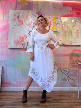 Load image into Gallery viewer, Bias corner dress made from cross stitched linen tablecloth 250934