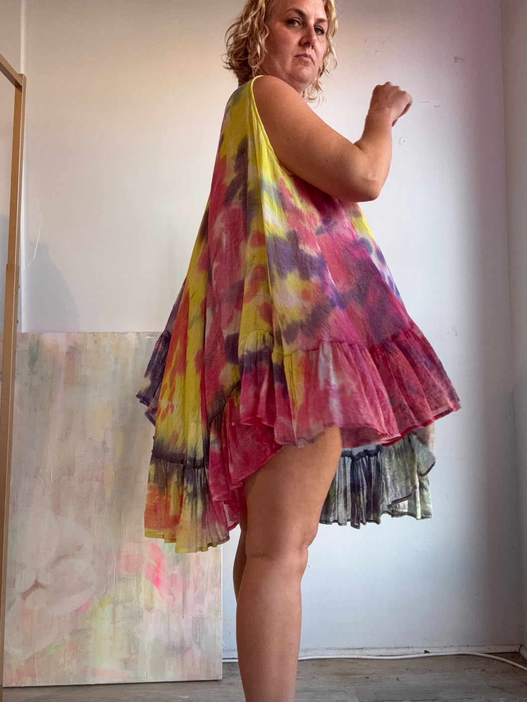 Tie dyed circle ruffle short dress