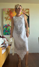 Load image into Gallery viewer, Vintage embroidered tablecloth bias cut dress, front view, showing original scalloped corner hem