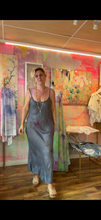 Load image into Gallery viewer, Hand-dyed deadstock cupro bias cut slip dress in steel blue, side view