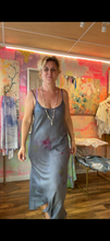 Load image into Gallery viewer, Hand-dyed deadstock cupro bias cut slip dress, close-up showing floral dye marks
