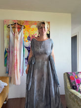 Load image into Gallery viewer, Full length view of hand-dyed steel blue cupro lurex pinstripe maxi dress